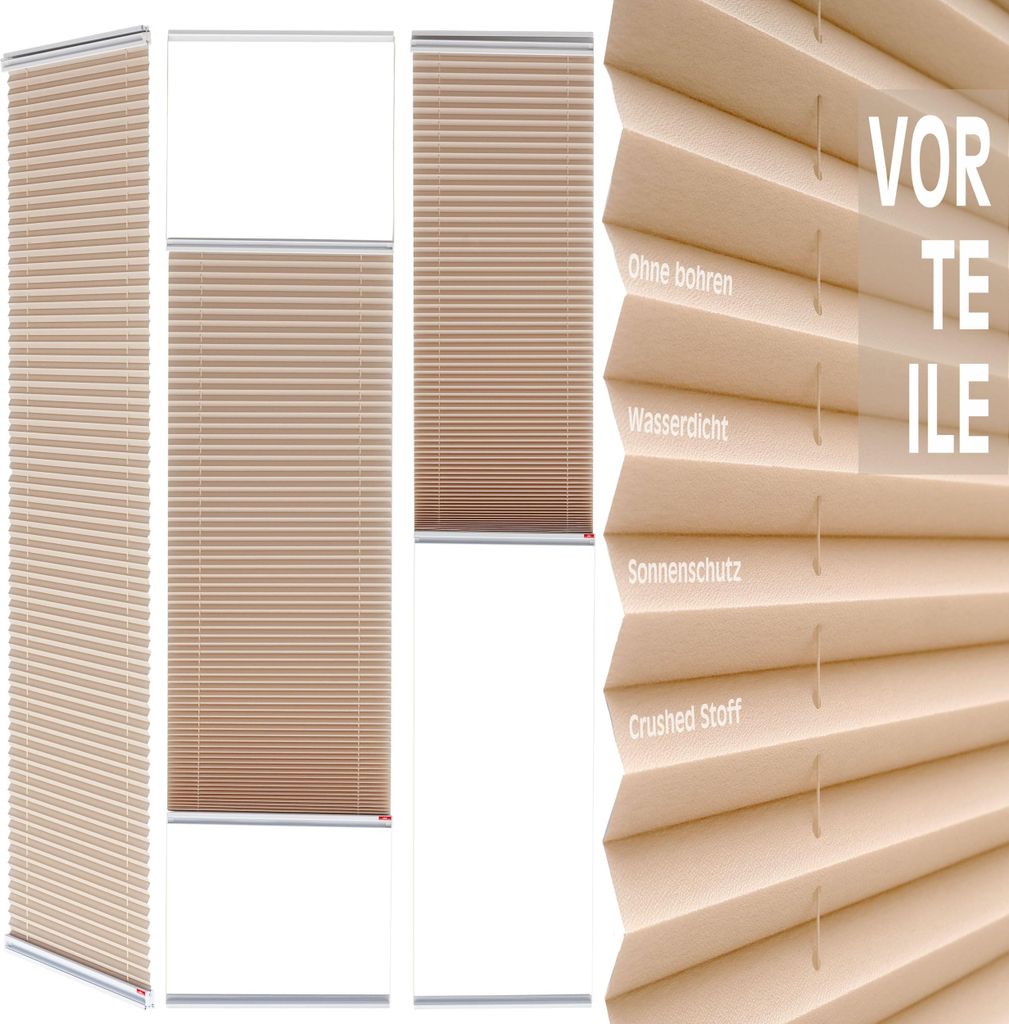 Plissee Rollo ohne Bohren Aluminium-Klebeleiste Beige Sichtschutz Fenster & Türe 60 cm-130 cm