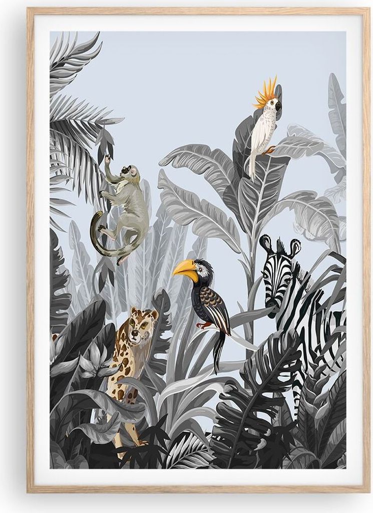 Gerahmtes Poster - Rahmen in heller Eiche - Dschungel Tiere Tukane - 70x100 cm - Wand Bild - Wanddeko - Wandbilder - Kunstposter - Wandposter - Bil...