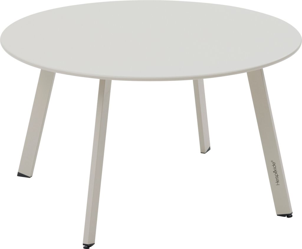 A white round garden side table with four legs.