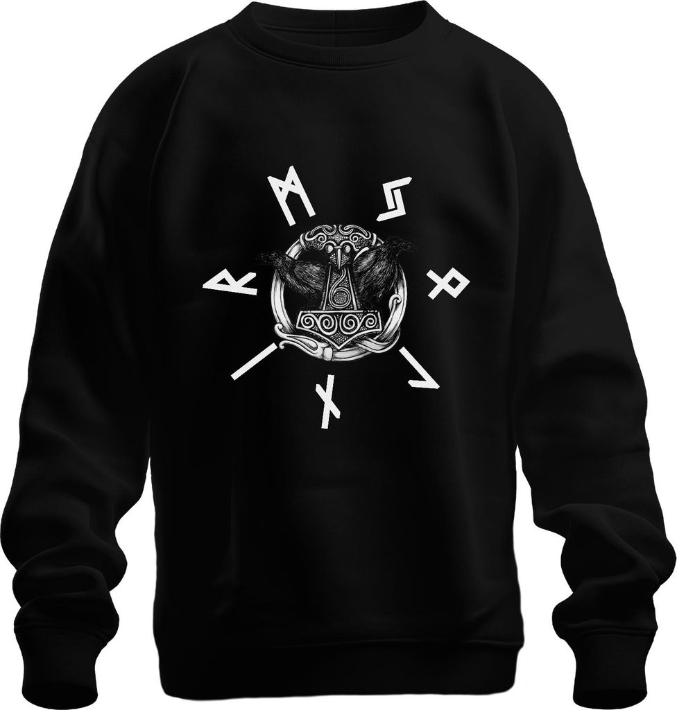 Wikinger Thorhammer Mjölnir Odin Raben nordische Runen Mythologie Uni Sweatshirt Pullover, Schwarz, L
