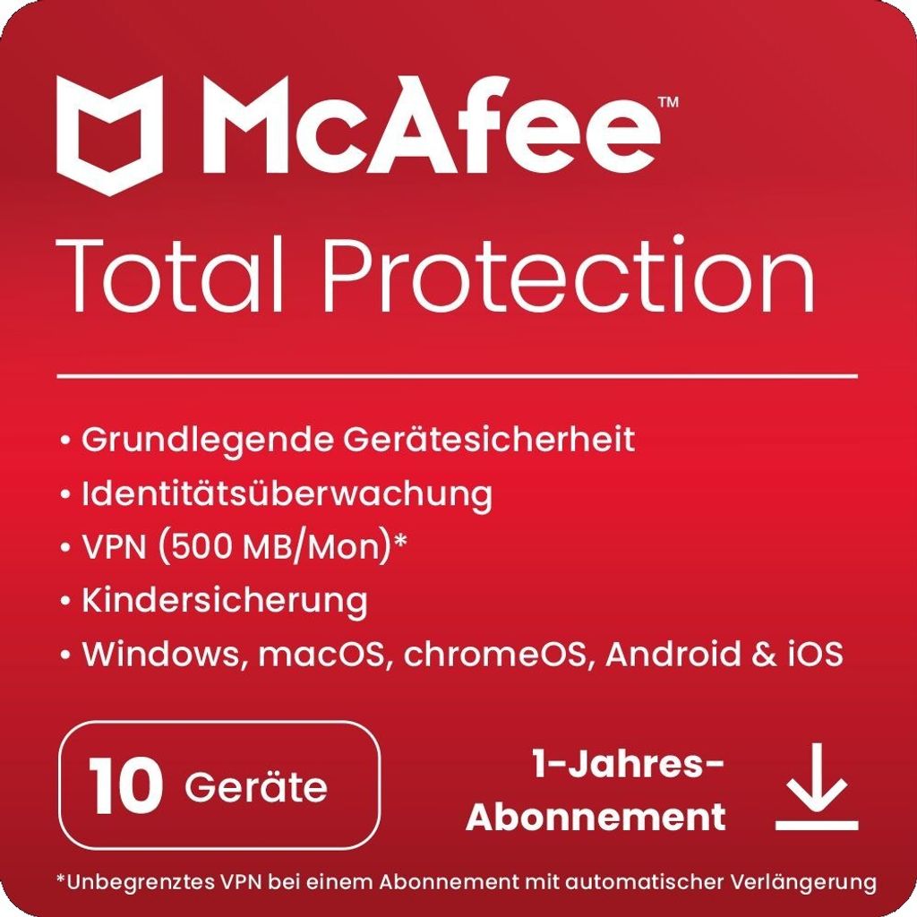 McAfee Total Protection inkl. VPN / 10 Geräte / 1 Jahr / (Lizenz per Email)