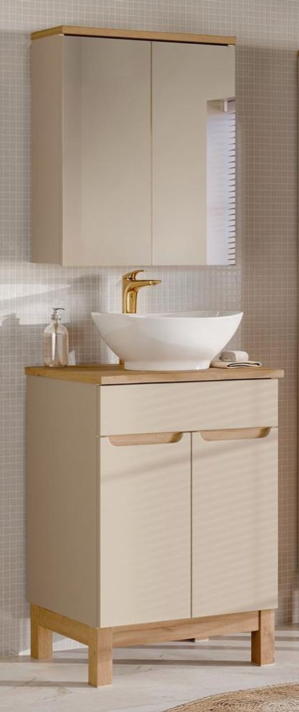 Badmöbel-Set 2-teilig mit 60 cm Waschtisch & Spiegelschrank in kaschmir und Eiche, modern grifflos - SOLNA-56-CASHMERE