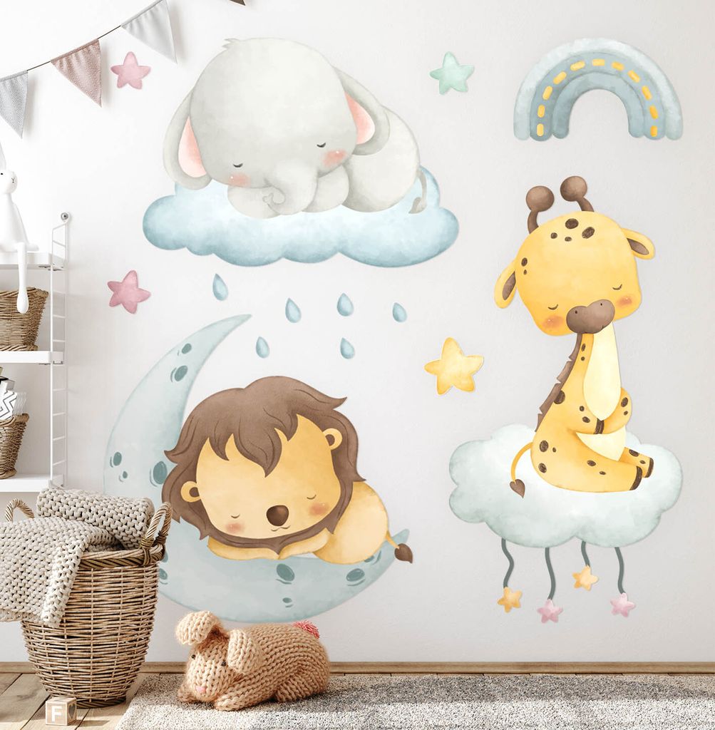 Tiere am Himmel – Wandgestaltung – Wandbilder Kinder – Motivtapeten Set – Wanddekor Kinderzimmer – Selbstklebende Wandsticker – 100x152 cm