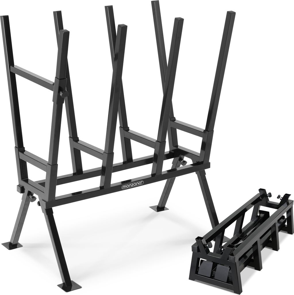 A black metal sawhorse and a smaller, folded sawhorse are displayed against a white background.