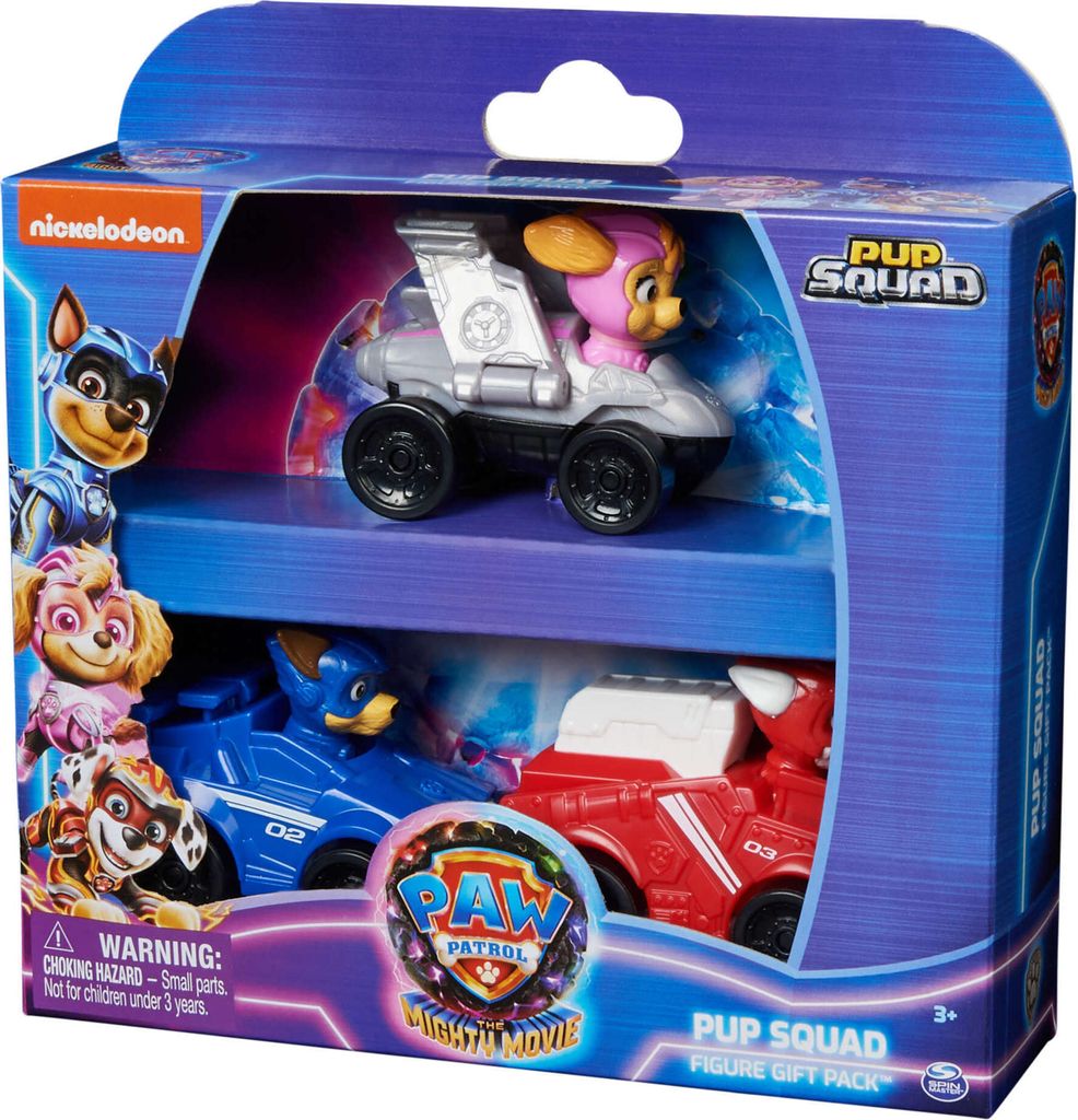 A Paw Patrol Pup Squad Figure Gift Pack containing three mini-vehicles with figures, displayed in its retail packaging.