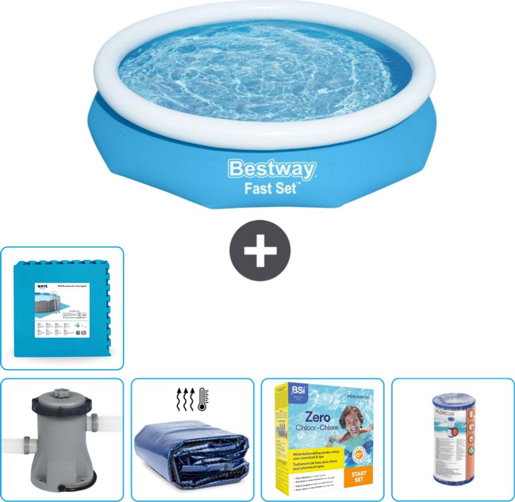 Bestway runder aufblasbarer Fast-Set-Schwimmpool – 305 x 66 cm – Blau – inklusive Pumpe Sonnensegel - Wartungspaket - Filter - Bodenfliesen