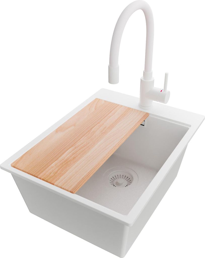 PRIMAGRAN Granitspüle Alles Weiß 38x50cm, Spülbecken 1 Becken + Küchenarmatur 38x14cm + Ablauf-Set + Schneidebrett, Küchenspüle ab 40er Unter...