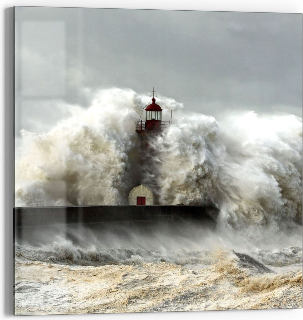 DEQORI Glasbild Echtglas 30x30 cm 'Leuchtturm bei Sturmflut' Wandbild Bild modern Deko