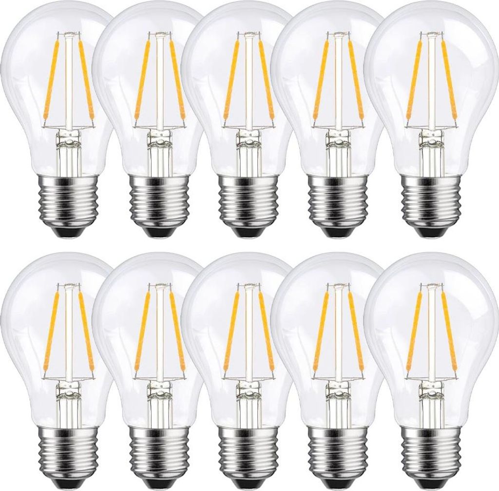10 x LED filamentlamp, 2W = 25W, E27 fitting, helder glas, Productafbeelding 