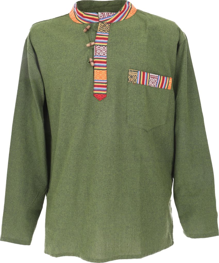Nepal Ethno Fischerhemd, Goa Hemd - Olive, Herren, Grün, Baumwolle, Größe: M
