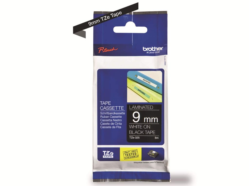 Schriftbandkassette Brother 9mm weiß/schwarz TZE325