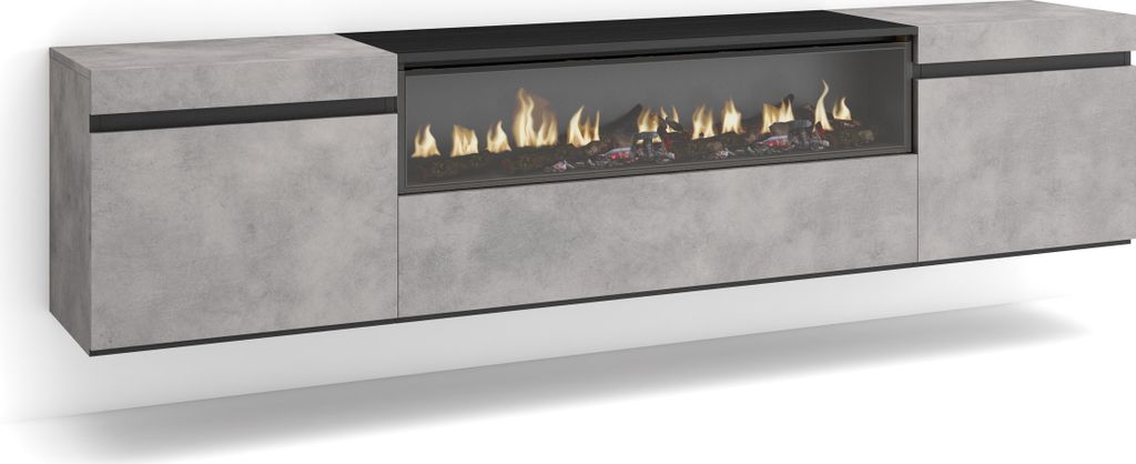 A modern media console with a built-in electric fireplace.