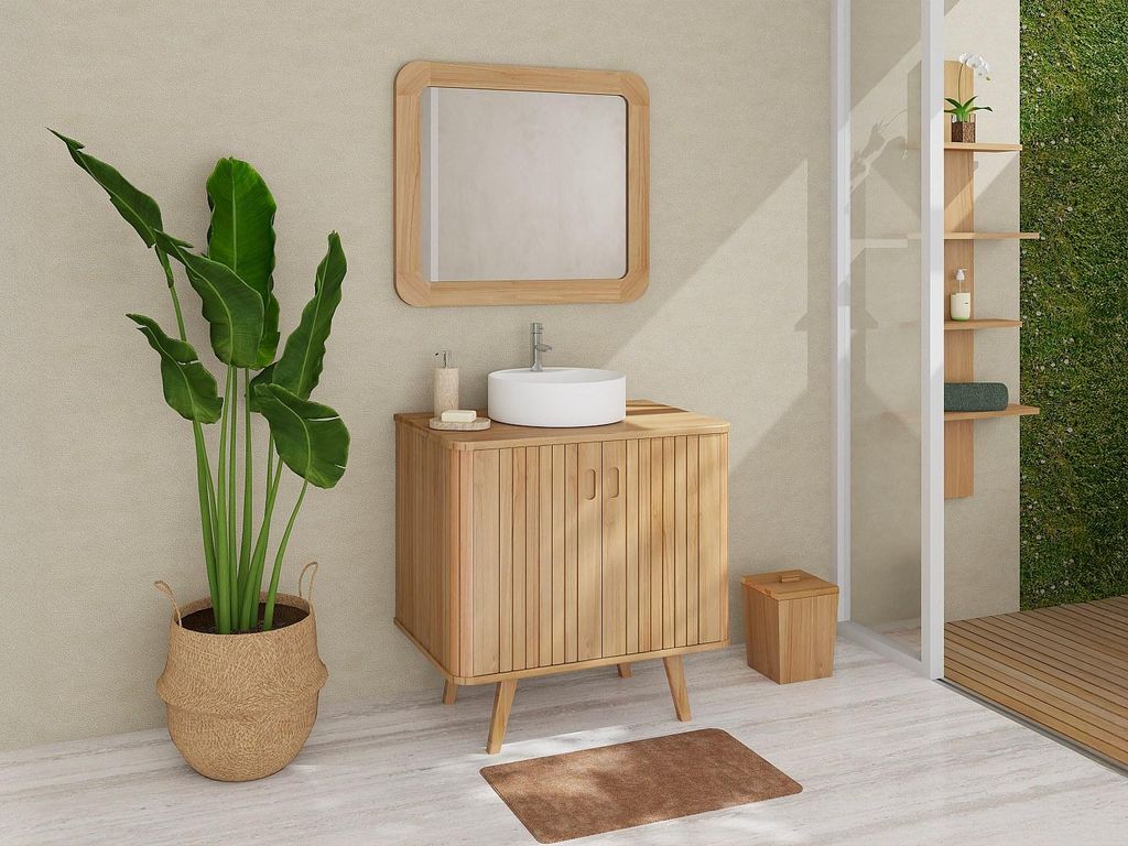 Waschbeckenunterschrank auf Füßen aus Teak mit Aufsatzwaschbecken rund aus Keramik - 80 cm - WAMENA