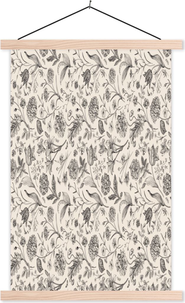 MuchoWow Textilposter Blumen - Schwarz - Weiß - Blätter 40x60 cm mit holzfarbenen Rahmen - Poster
