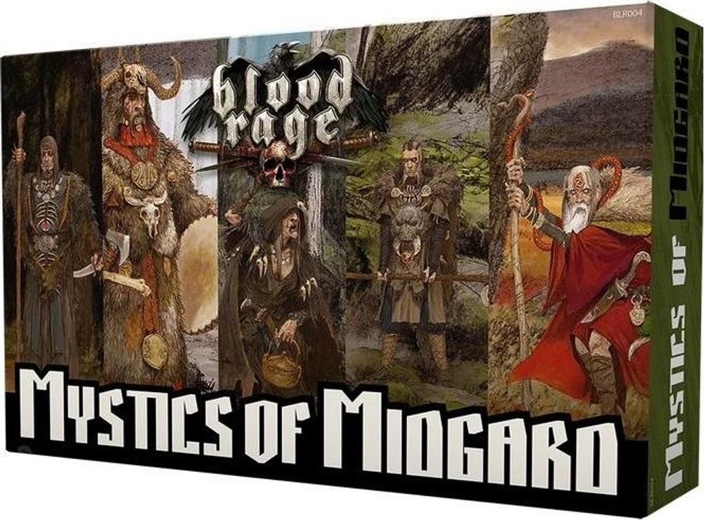 The image shows the box of the board game "Blood Rage - Die Mystiker von Midgard". The box art features illustrations of various mystical characters in a fantasy setting.