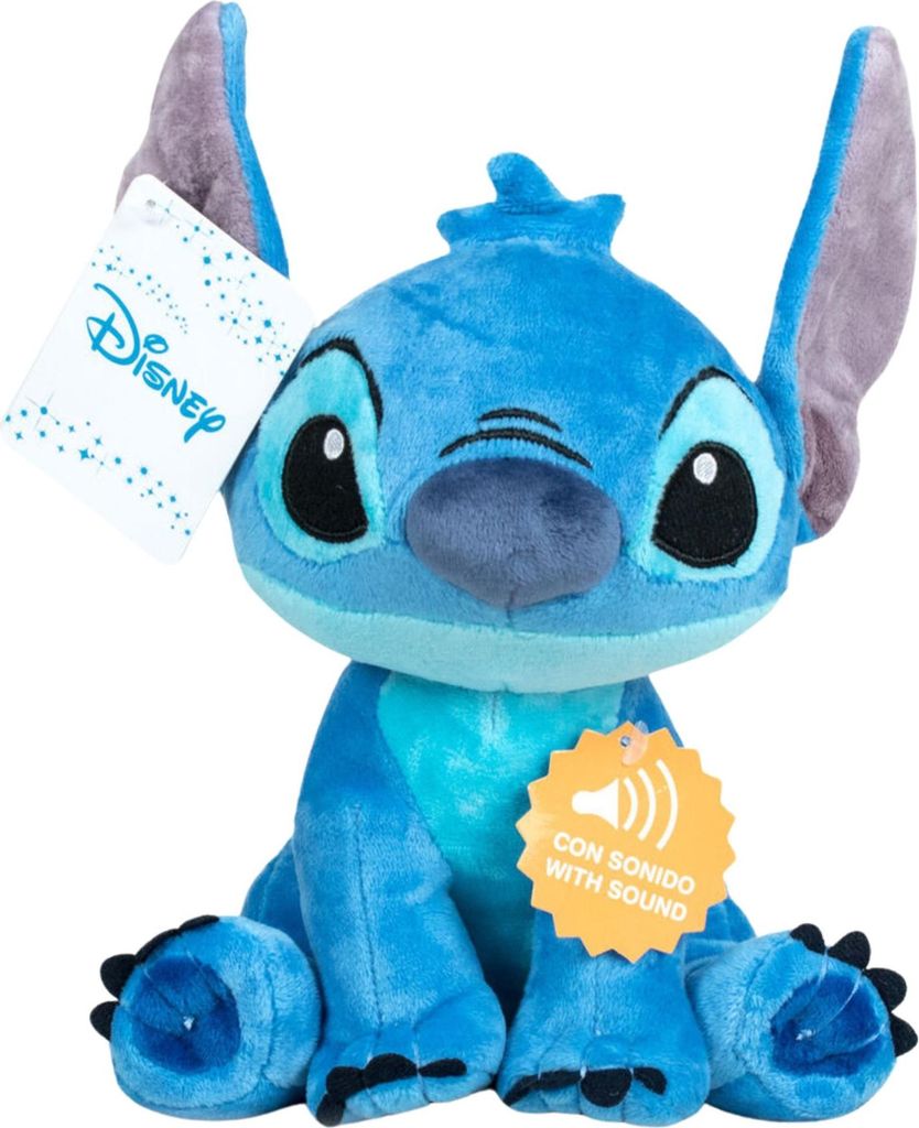 A plush toy of the Disney character Stitch is sitting and facing forward.