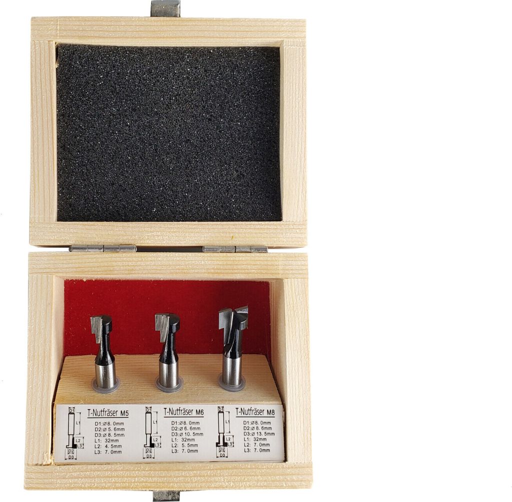 STIER T-Nutfräser-Set 3-teilig M5 M6 und M8 Schrauben, 8 mm Schaft, für Oberfräsen, T Nut Fräser, T Nutfräser