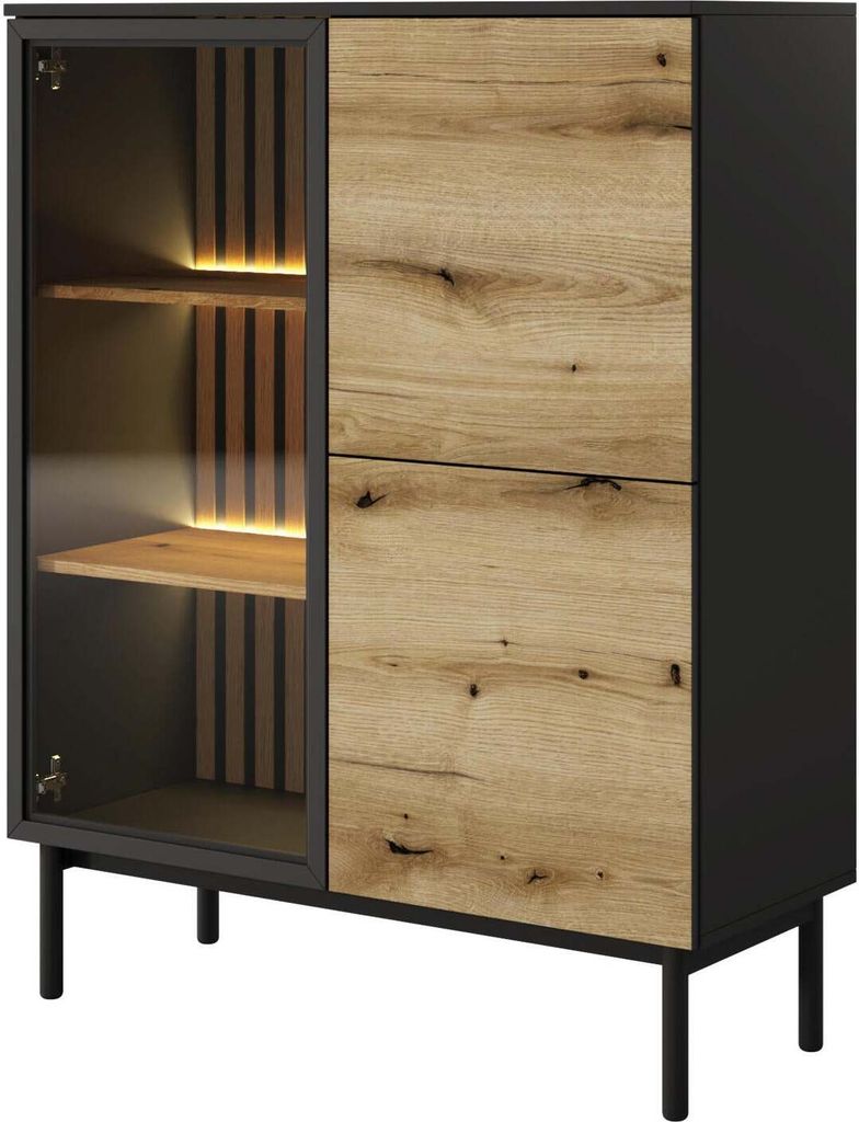 FURNLUX Vitrine Lang Eiche Und Schwarz 100cm / Hauptfarbe: Schwarz / Abmessungen: 100 x 40 x 126 cm