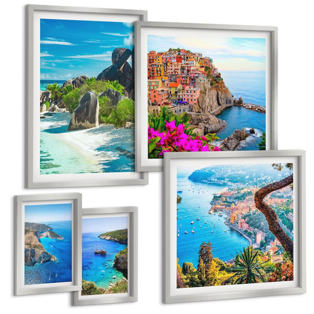 Bilder Set 5-teilig im silbergerahmten Rahmen – Wandbilder 5 Stück – gerahmte Poster für Wohnzimmer, Schlafzimmer und Flur – 50x50 cm - 40x...