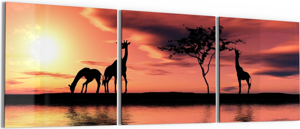 DEQORI Glasbild Echtglas 3x50x50 cm 'Sonnenuntergangssafari' Wandbilder XXL groß