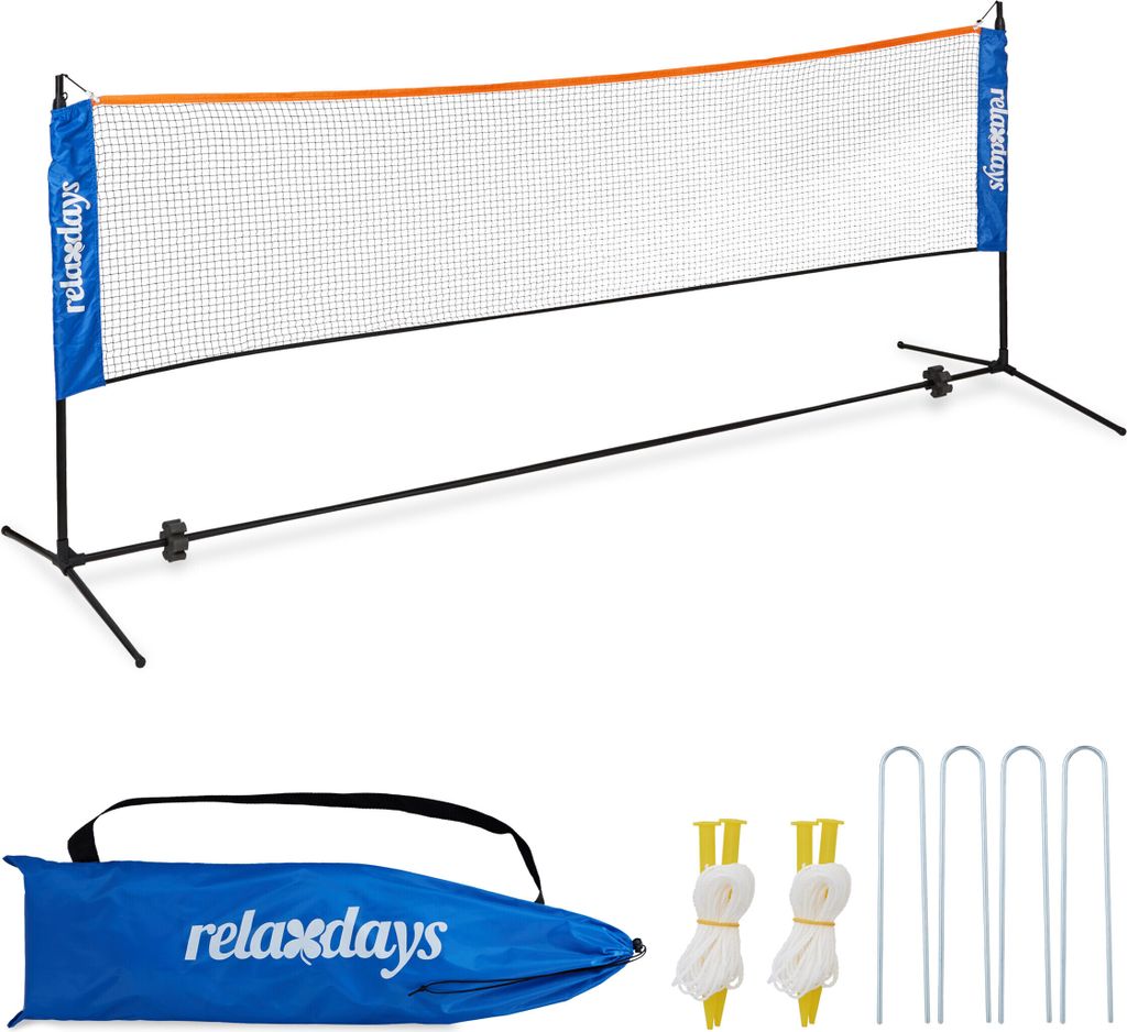 Relaxdays Badminton Netz, höhenverstellbar bis 225 cm, Tennisnetz mit Ständer, mit Tragetasche, Spielnetz, schwarz/blau