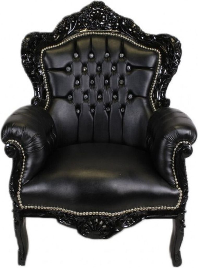 Casa Padrino Barock Sessel "King" Schwarz/Schwarz Lederoptik mit Bling Bling Glitzersteinen