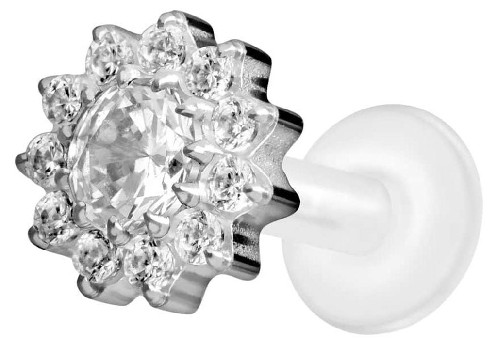 Ohrpiercing, Nasenpiercing PTFE Labret mit Innengewinde + Titan-Aufsatz KRISTALLBLUME Silber Stablänge: 7mm | Stabstärke: 1,6mm