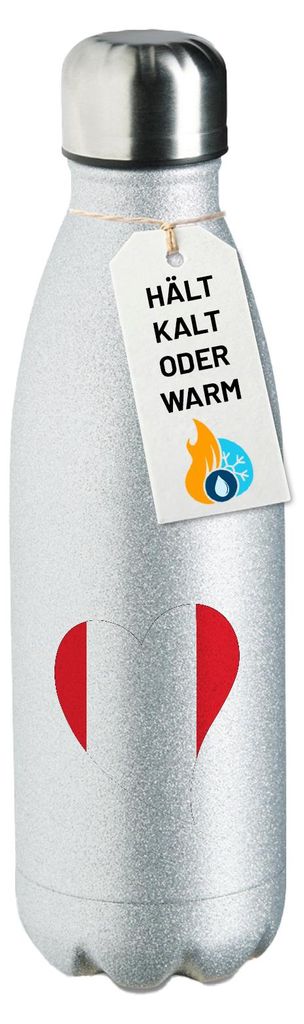 Huuraa Trinkflasche Peru Flagge Herz 500ml Silver Edelstahl Wasserflasche Trinkflasche Geschenkidee
