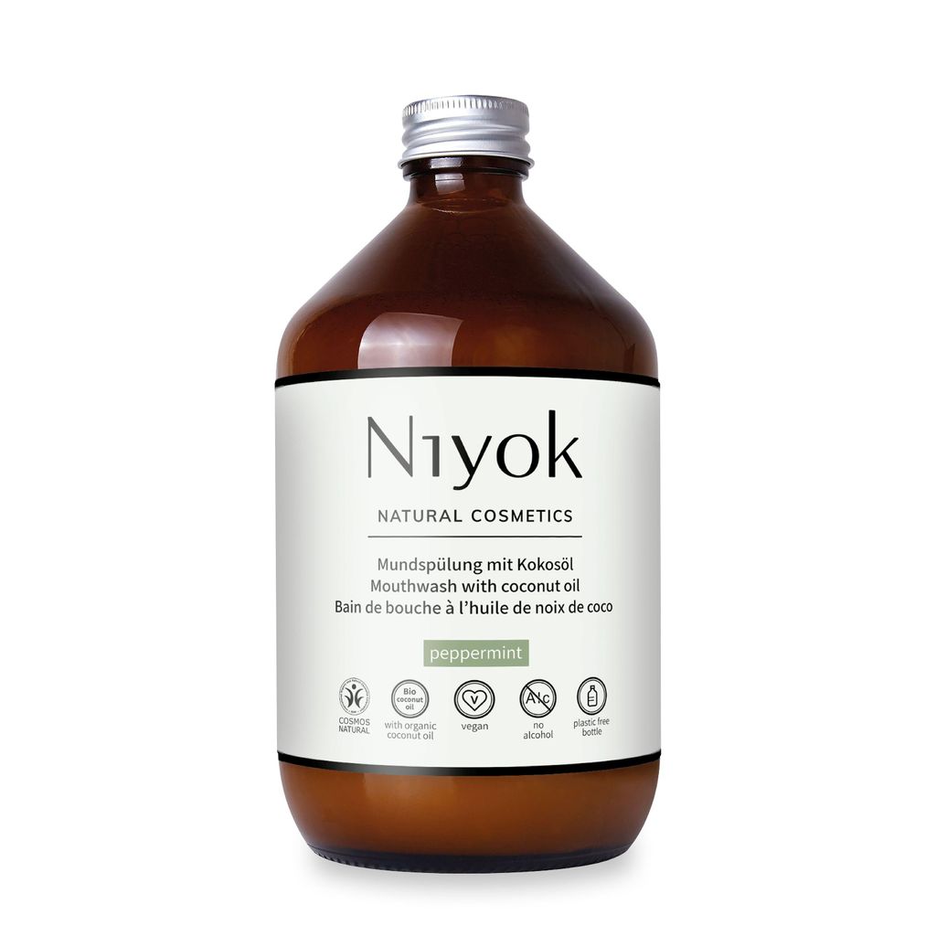 Niyok Mundspülung mit Kokosöl "Pfefferminze" 500ml, Antibakterielle Spülung Bio-öl aus Kokos ohne Fluorid & Ohne Alkohol für gesundes Zahnfleisch