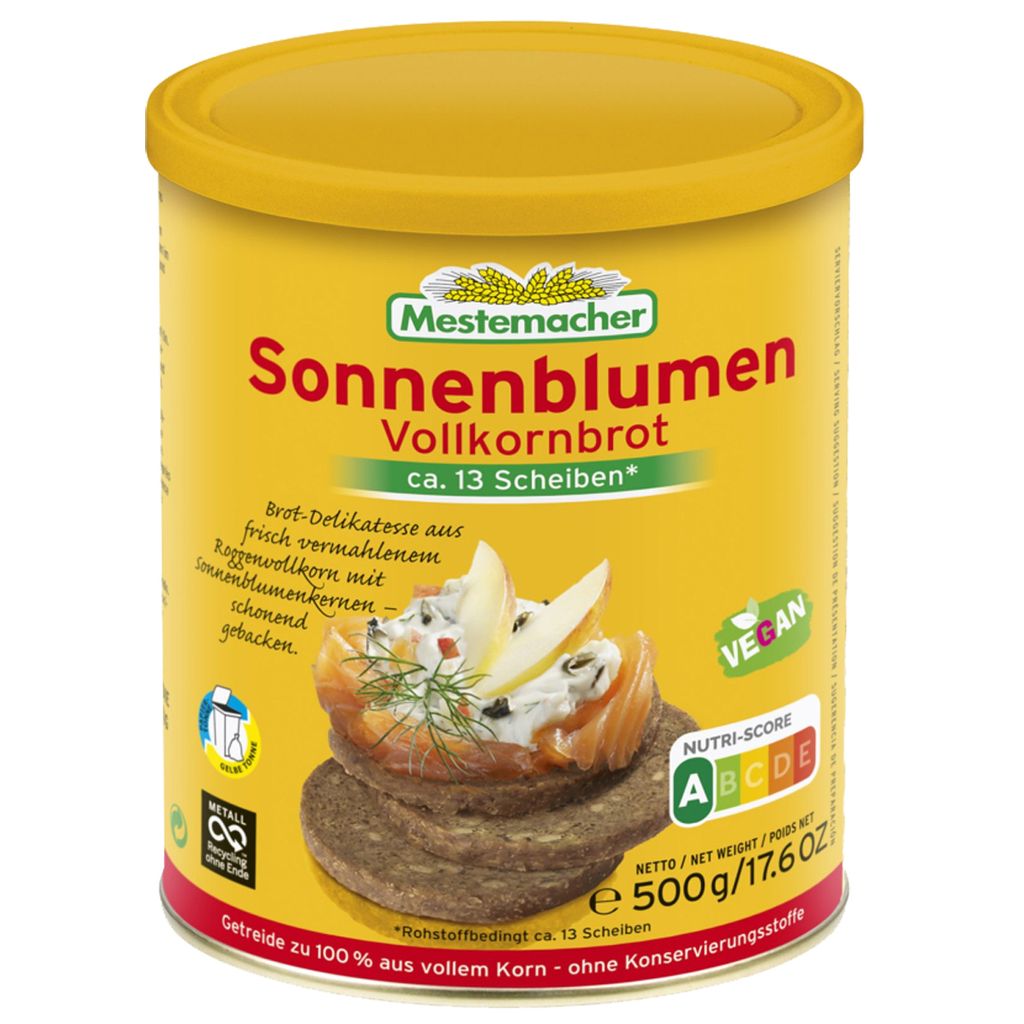 A product shot of a can of bread with a close-up image of the bread and its toppings.