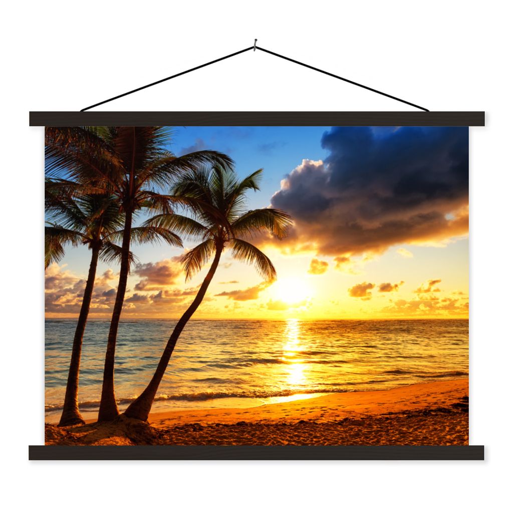 MuchoWow Textilposter Strand - Horizont - Sonnenuntergang - Palme - Meer 120x90 cm mit schwarzem Rahmen - Aufhänger für Poster