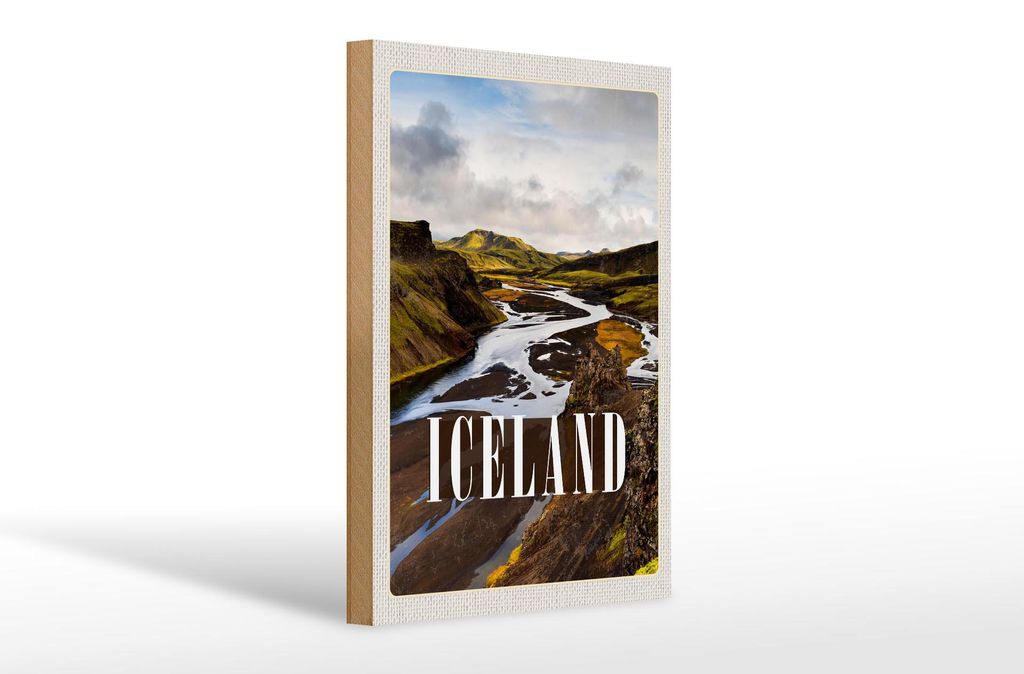 Holzschild Reise 20x30cm Iceland Berge Vulkaninsel Geschenk