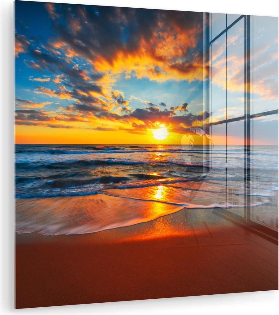 MuchoWow Glasbilder - Bilder auf Wandbild - Foto auf Glas Meer - Sonnenuntergang - Strand - Wolken - Orange 20x20 cm Wanddekoration aus Glas - Acry...