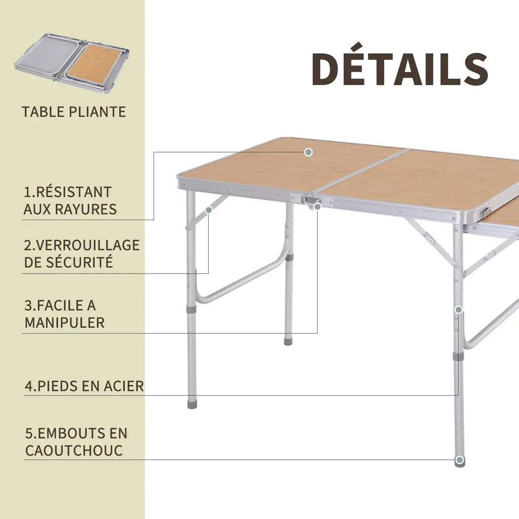 Table de Camping Stable pour Sol Irrégulier et Plateau Extensible - 9