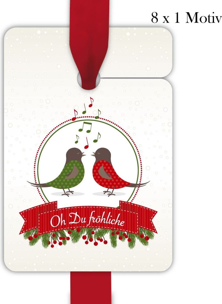 8 süße Weihnachts Geschenkanhänger zu Weihnachten mit Vögeln: Oh Du fröhliche
