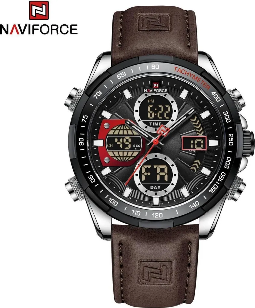Montre Homme NAVIFORCE Marron Cuir - Cadran Noir et Boîtier Robuste