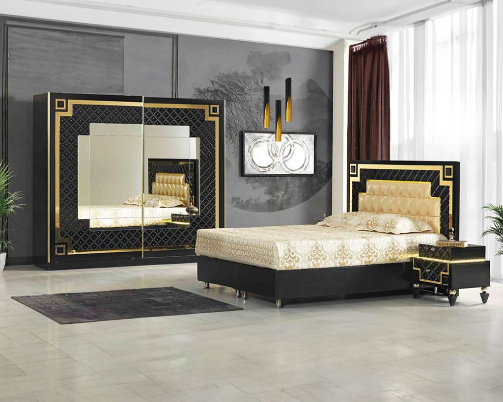 Schwarz-Goldener Schlafzimmerschrank Designer Spiegelschrank Edle Möbel