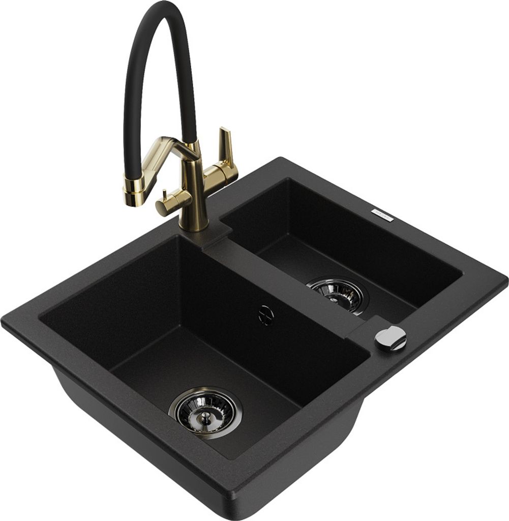 Mexen Carlos Granitspüle 1,5-Kammer mit Küchenarmatur Duo, schwarz - 6518-77-671701-57-B