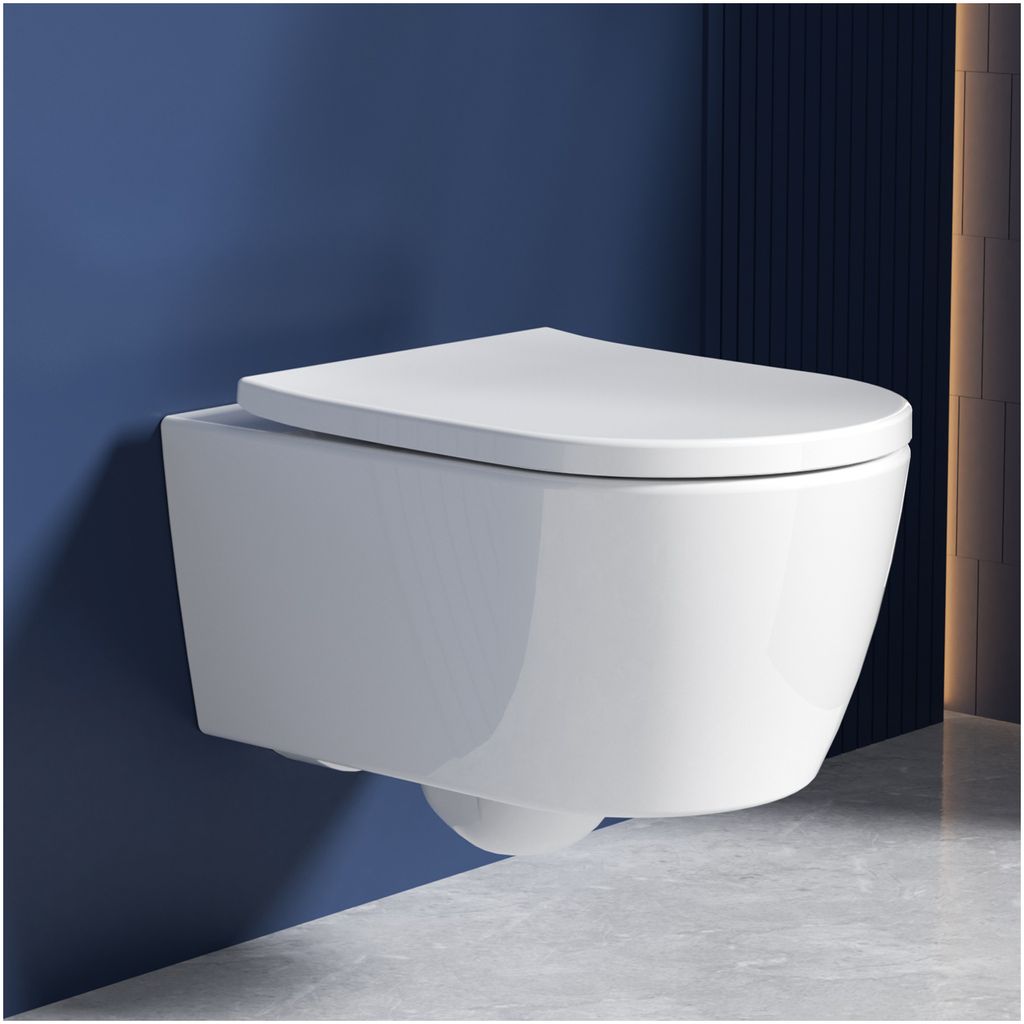 A white wall-mounted toilet against a blue wall.