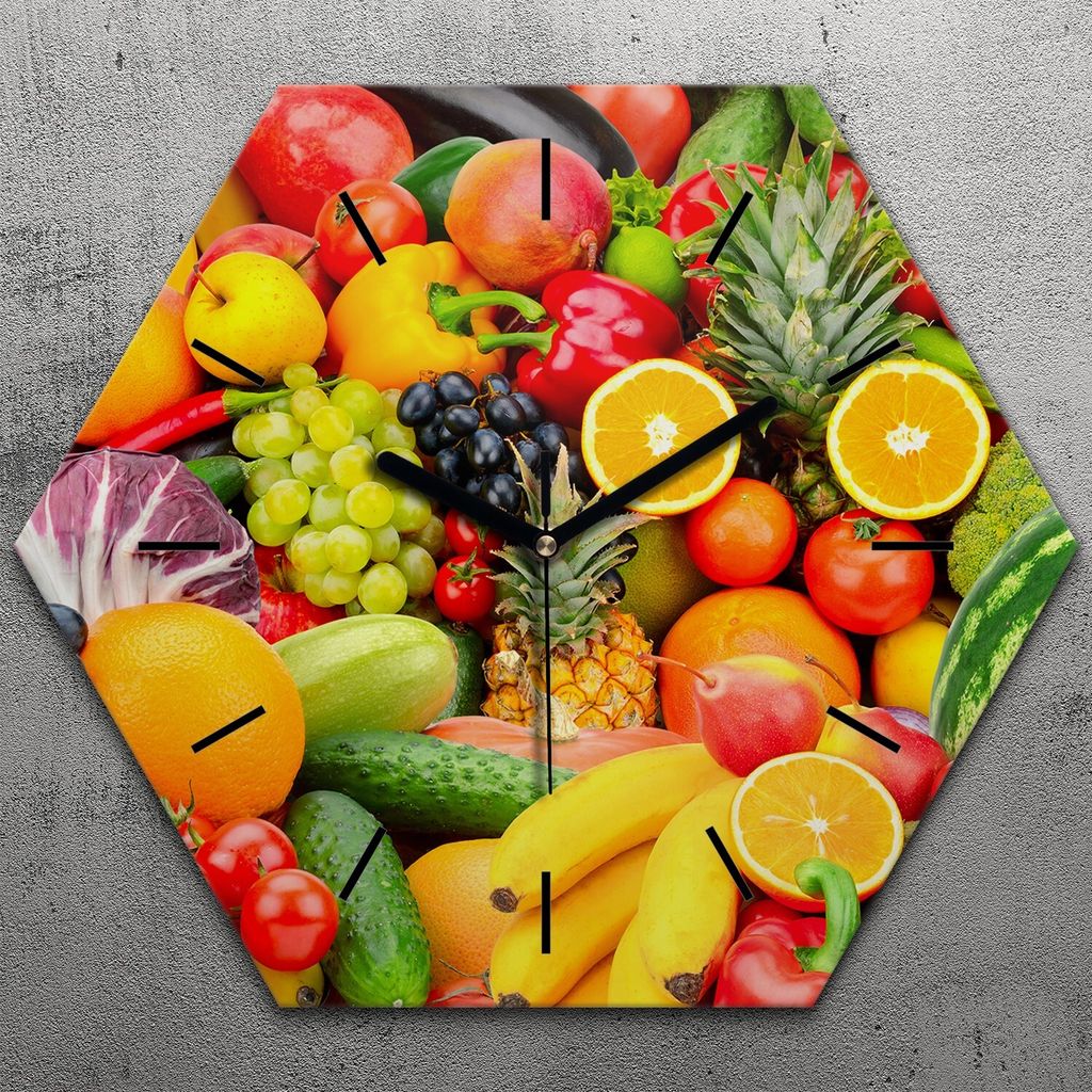 Uhr hexagonal 40 cm Glas Geräuschlos schwarze Zeiger - Farbige Früchte