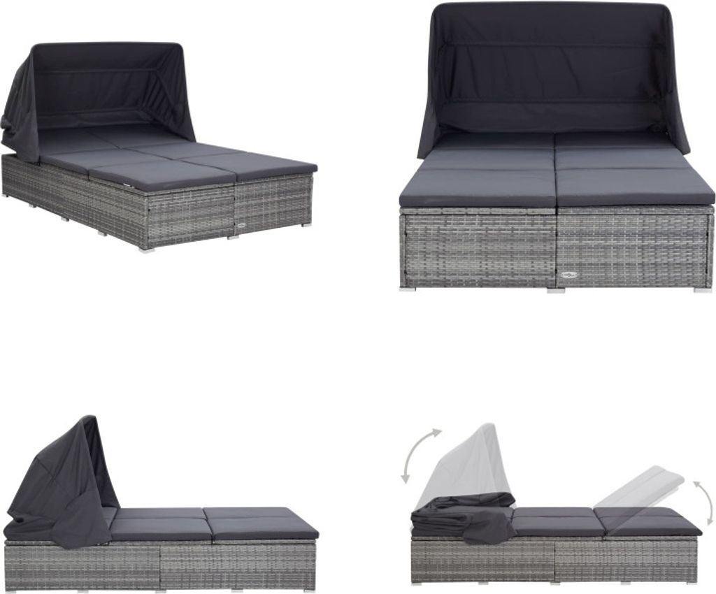 vidaXL 2 Personen Sonnenliege mit Auflage Poly Rattan Grau - Sonnenliege - Sonnenliegen - Gartenliege - Gartenliegen