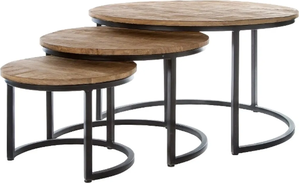 Tables de Salon Rondes en Bois Naturel et Métal Noir - Lot de 3 Pièces