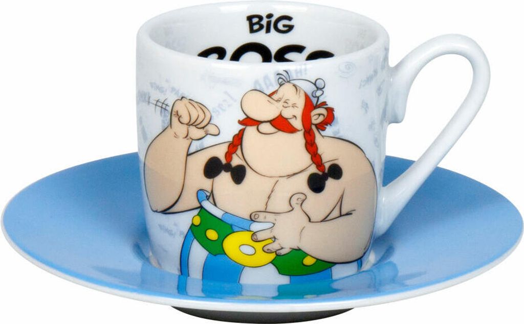 A close-up shot of an espresso cup and saucer featuring the cartoon character Obelix.