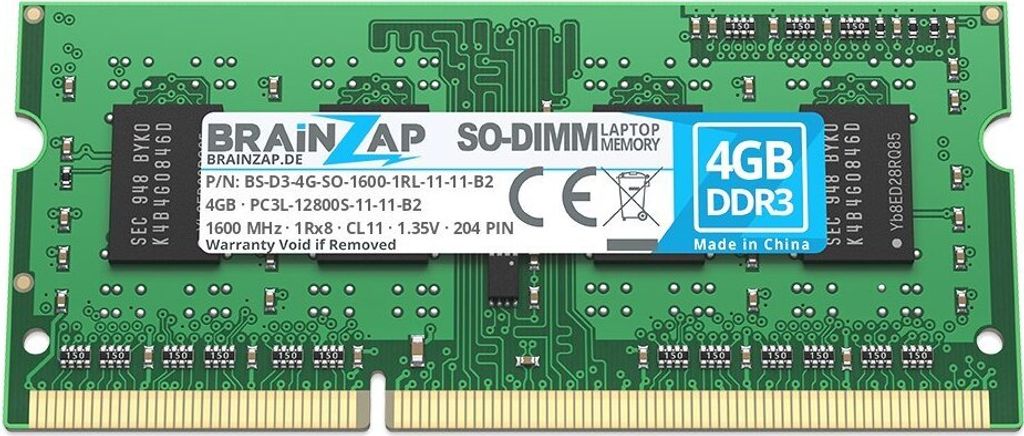 BRAINZAP 4GB DDR3 RAM SO-DIMM PC3L-12800S-11-11-B2 1Rx8 Zdjęcie produktu 