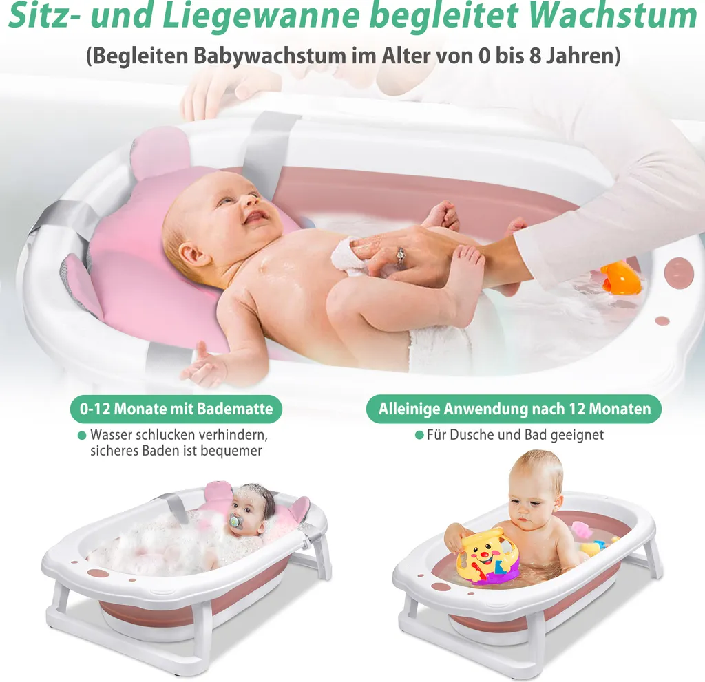 Baignoire Bébé Ergonomique Antidérapante Rose avec Coussin de Maintien