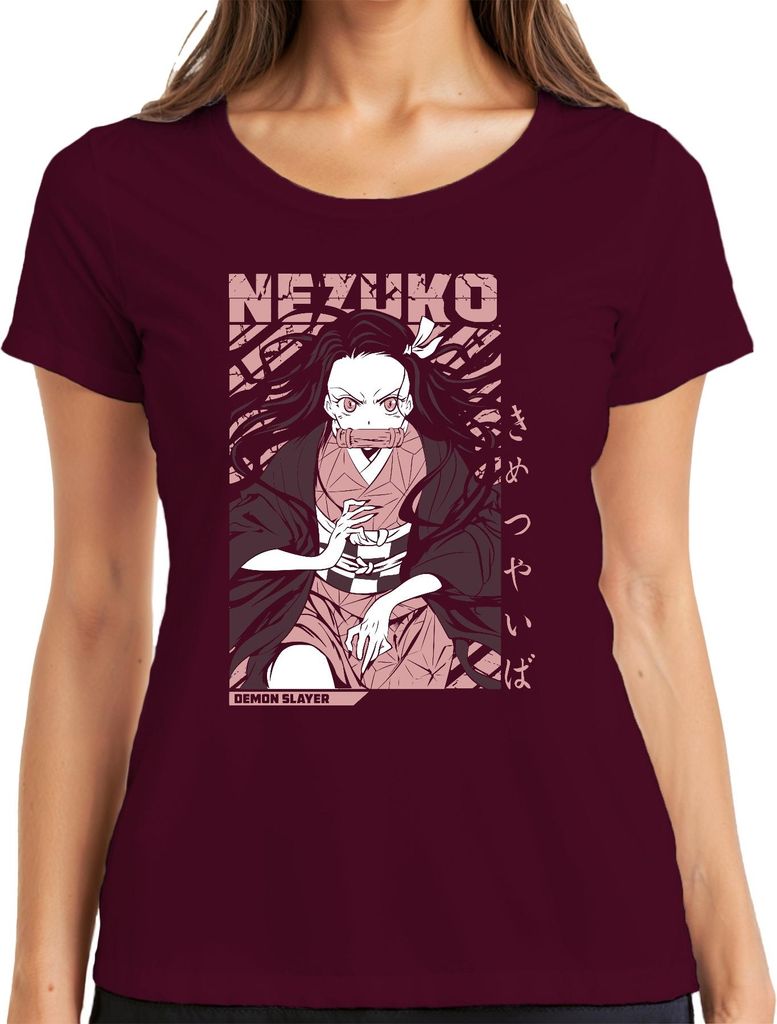 Nezuko Demon Slayer Kimetsu no Yaiba Anime Geschenk Cosplay Fan Damen T-Shirt, Burgundy, XL
