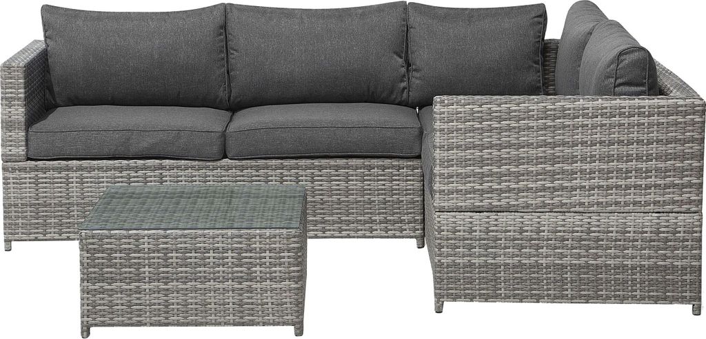 BELIANI Lounge Set Grau Rattan 2-Teilig Modern 4-Sitzer Ecksofa Linksseitig mit Couchtisch Auflagen Dunkelgrau Terrasse Outdoor Gartenmöbel Sitzm...