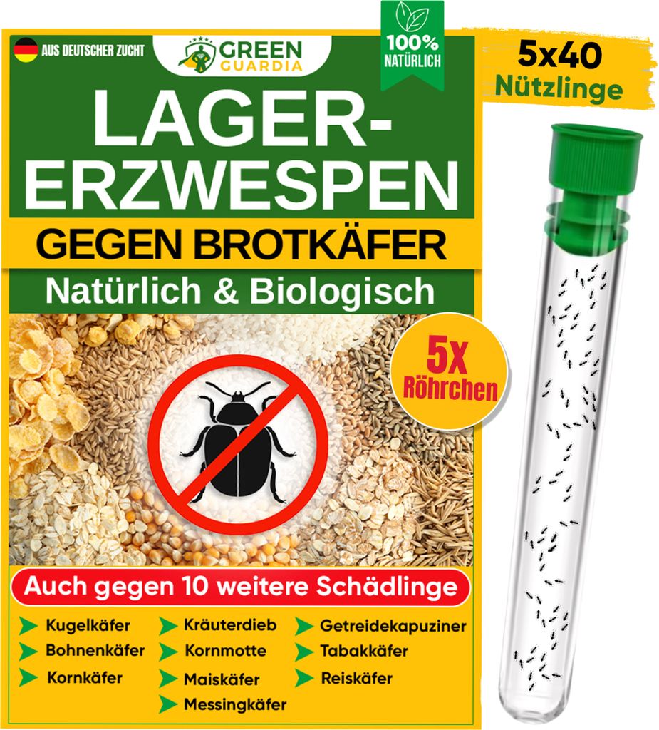 GREEN GUARDIA Lagererzwespen gegen Brotkäfer - 5 Röhrchen à 40 Nützlinge - effektiv Kornkäfer, Messingkäfer, Speckkäfer uvm. bekämpfen.