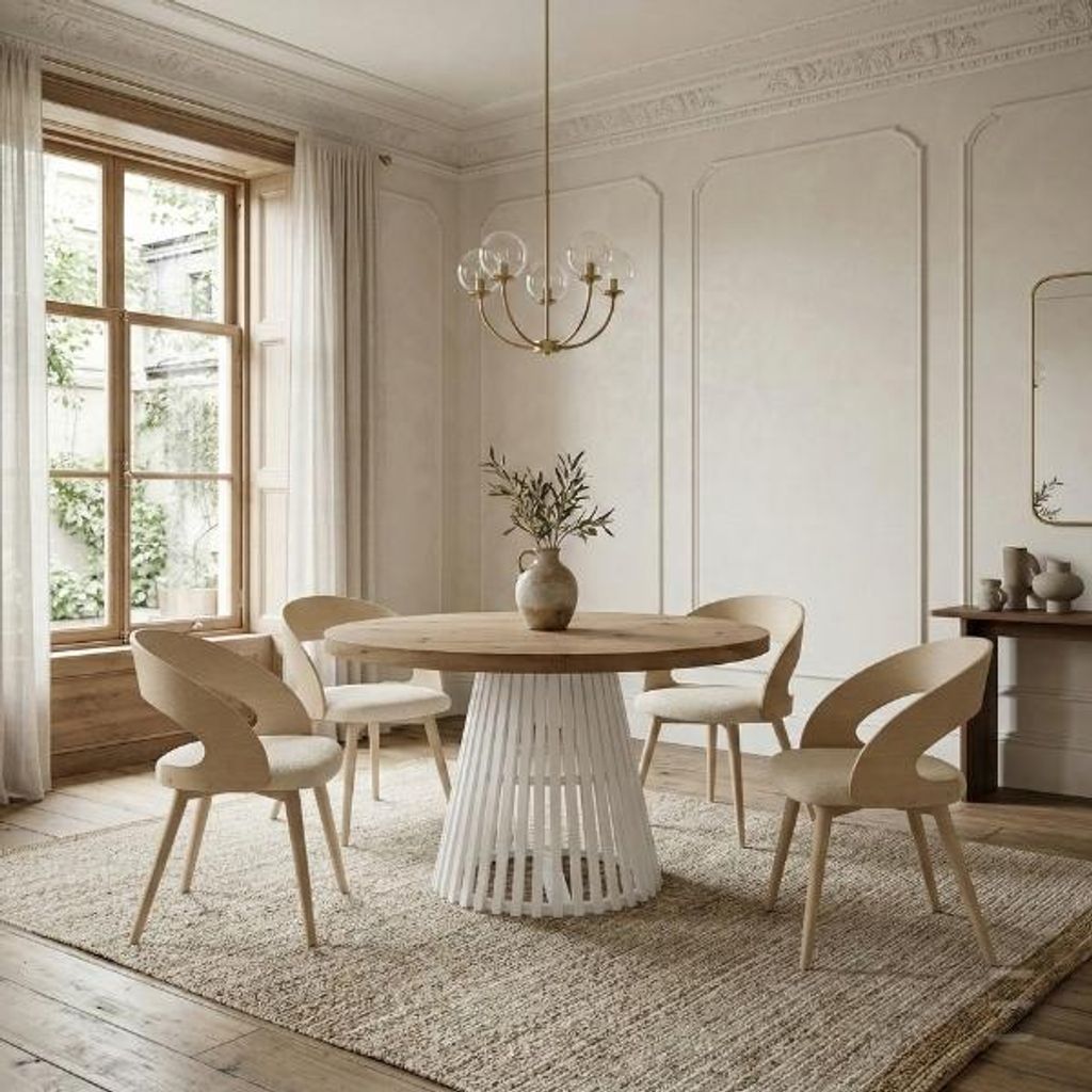 Runder Ausziehbarer Tisch für Esszimmer, DOVER - Industrial/Loft Still mit Lamellenbeine, Durchmesser: 90 / 140 cm, Farbe: Eiche Wotan / Weiß