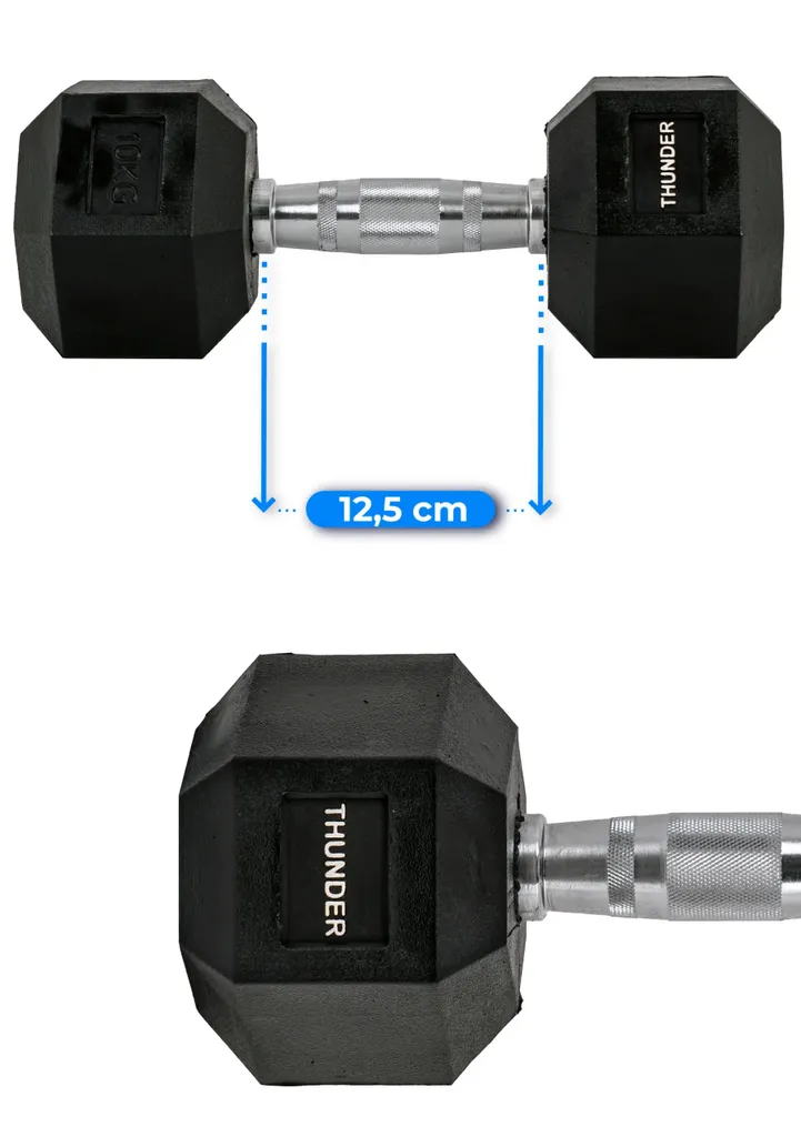 THUNDER® Haltère Hexagonal 10 kg en Acier et Caoutchouc Noir - Unité